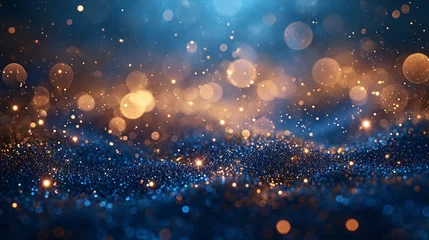 Foto auf Leinwand Holiday glam in pixels: Dark blue and gold particles create a mesmerizing bokeh. Christmas magic unfolds with a touch of gold foil texture. A festive masterpiece, digitally crafted. © Rathnayakamudalige