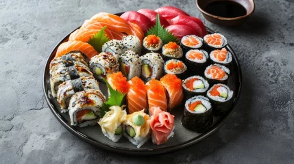 Fotobehang Overhead view of platter of sushi rolls on gray cement background © Azad