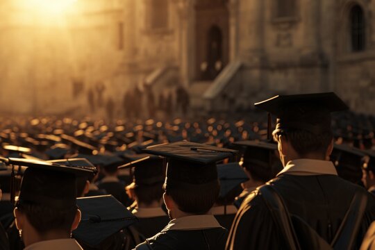Sea of graduates in caps and gowns during a university commencement ceremony, highlighted by the golden hour sun.
