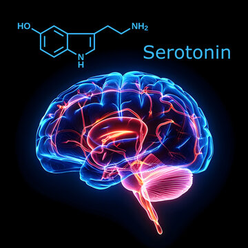 Human Brain. Serotonin Molecule. Neurotransmitter.