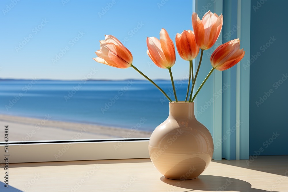 Aufkleber a vase filled with flowers sitting on top of a window sill next to a window sill with a view of the 