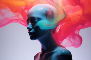  a digital painting of a woman's head with pink and orange smoke coming out of the top of her head.