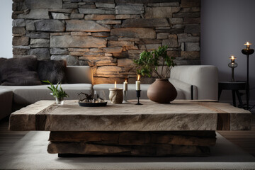 Coffee table made of stone in the interior of a modern living room