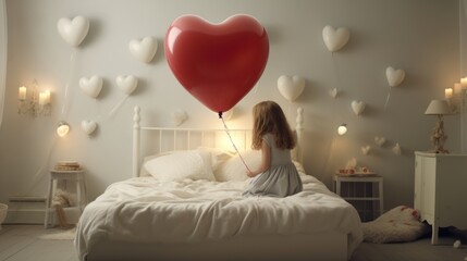 A girl child is sitting in a room on a white bed linen with a red balloon in the shape of a heart in the morning and is happy. A gift for Valentine's Day. Generated by AI.