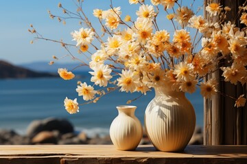  a couple of vases sitting on top of a wooden table next to a vase filled with white and yellow flowers.
