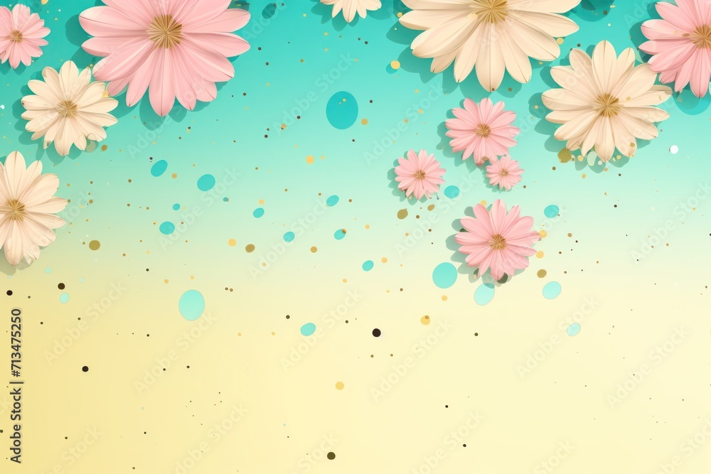 Aufkleber a group of pink flowers floating on top of a blue and yellow background with bubbles and dots on the