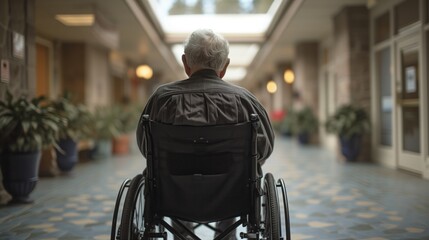 Elderly sitting in wheelchair indoors, Care and Volunteer in a Disability Nursing Home Concept