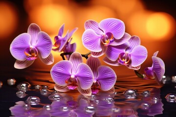  a group of purple orchids sitting on top of a table next to drops of water on a reflective surface.