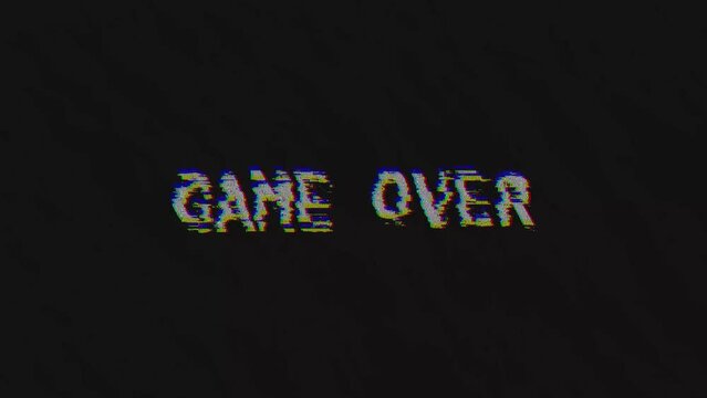 GAME OVER animation with isolated glitch effect on black and white background with noise effect. Video game screen. Retro Glitch GAME OVER. Cyberpunk GAME OVER text with RGB distortion effect.