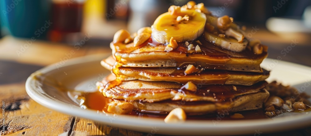 Poster banana cashew pancakes with bananas and salted caramel sauce the toning selective focus. Copy space image. Place for adding text or design