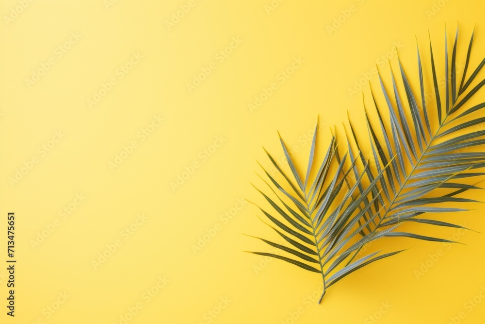 Aufkleber a close up of a palm leaf on a yellow background with a shadow of a palm tree on the left side of th