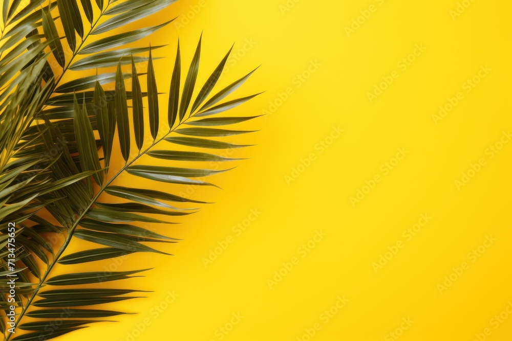 Poster a close up of a palm leaf on a yellow background with a place for the text on the left side of the i