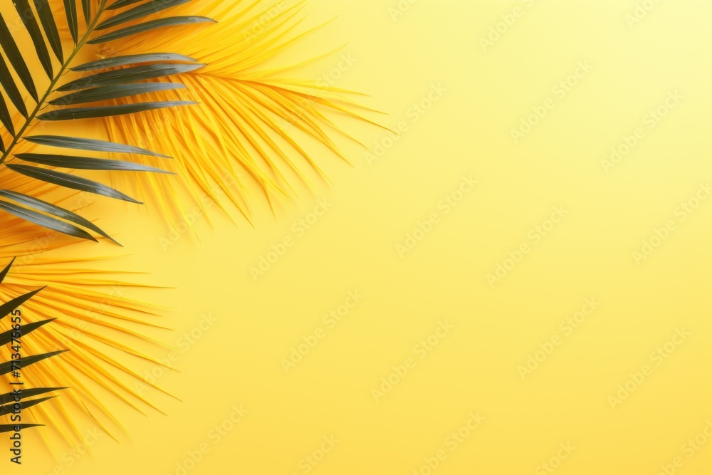 Aufkleber a palm leaf on a yellow background with a place for a text or an image of a palm leaf on a yellow ba
