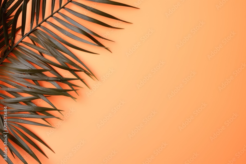 Poster  a close up of a palm leaf on an orange background with a place for the text on the left side of the image.