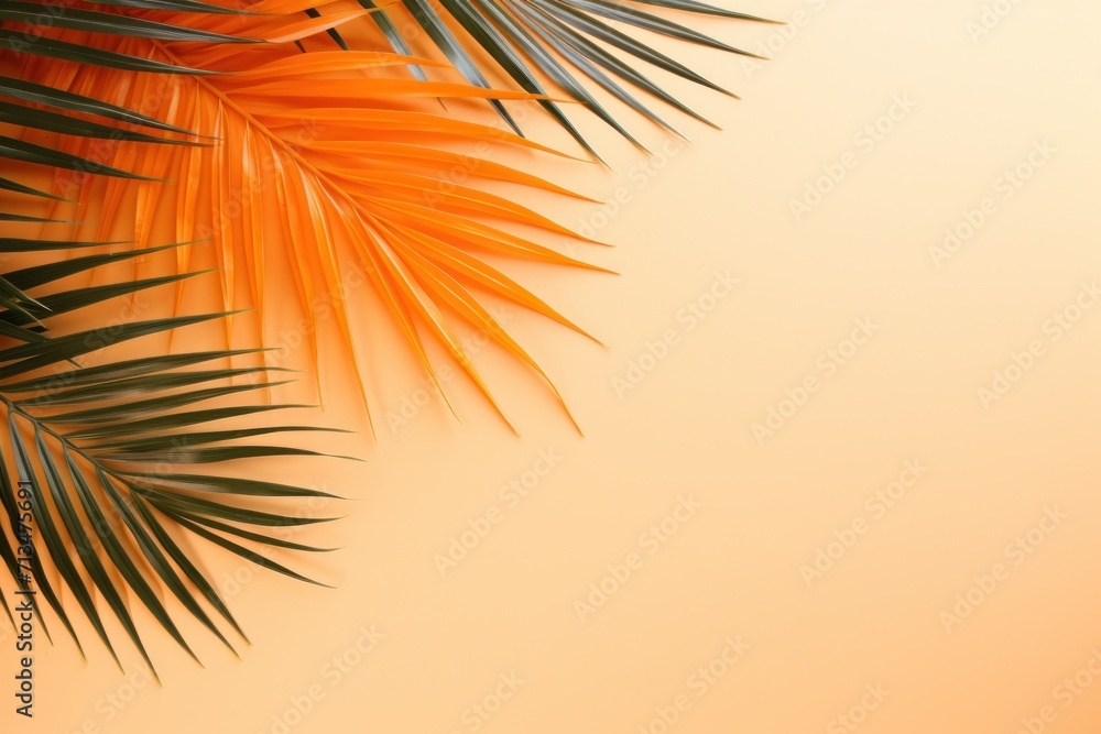 Poster a close up of a palm leaf on a yellow background with a blurry image of a palm tree in the backgroun