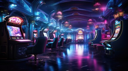 luxury casino, interior view, neon colors