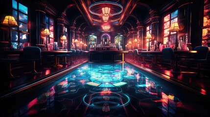 luxury casino, interior view, neon colors