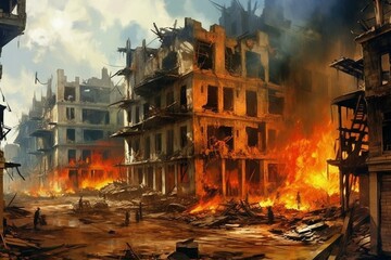 Urban devastation: crumbling structures engulfed in flames amidst wartime chaos. Generative AI