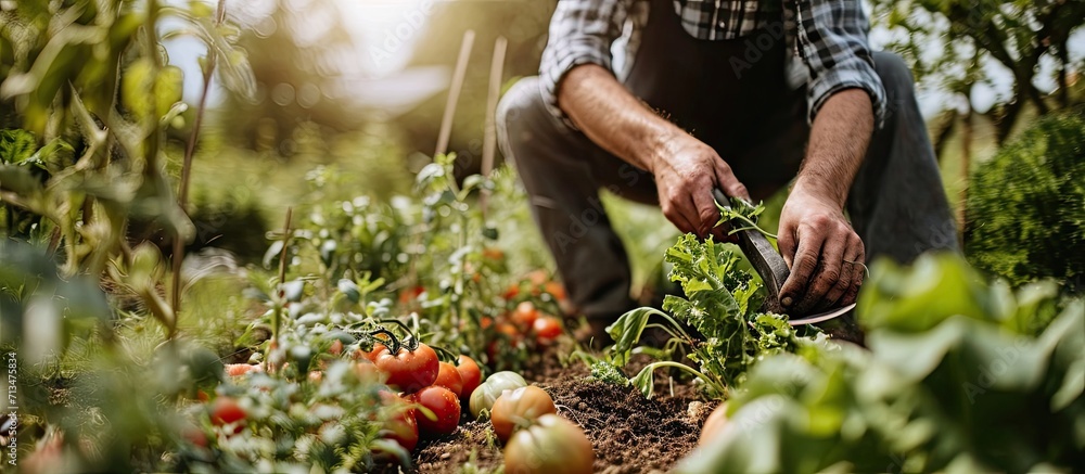 Poster A man with a harvest of vegetables in the garden Selective focus Food. Copy space image. Place for adding text or design