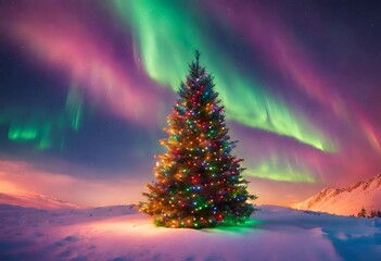 Illustration of a decorated well lit tall Christmas tree in the middle of a snow covered field surrounded by mountains and green and pink northern lights in the sky, night time