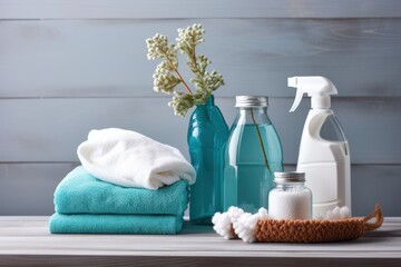  a table topped with bottles and bottles filled with different types of cleaning products and a vase filled with baby's breath.