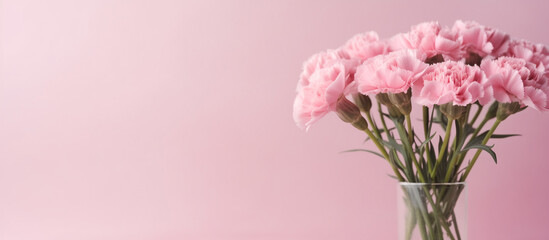 Pink carnations flower background. Floral wallpaper, banner. February 14, valentine's day, love, 8 march women's day theme. Mother's day.
