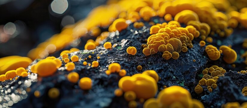 A white shiny branched plasmodium of a slime mold, or myxomycete, is  crawling and spreading on black substrate background. Slime moulds are  organisms that gather from microscopic unicellular amoebae Stock Photo