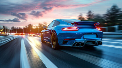 Dynamic blue business car in action, navigating a high speed turn on a highway. Rear view of a sleek vehicle racing with speed and precision. Transportation and motion concept.