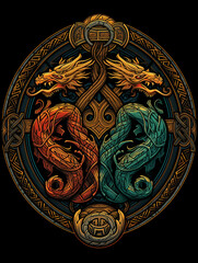 T-shirt design, an intricate Celtic knot pattern, formed by a trio of stylized dragons created with Generative Ai