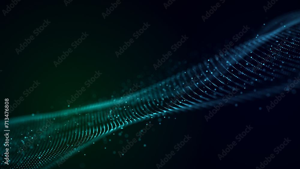 Poster abstract bright wave of glowing particles. the flow of musical sounds. big data visualization. 3d re