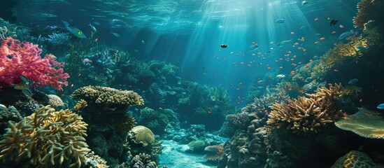 Naklejka na ściany i meble Beautifiul underwater view with tropical fish and coral reefs. Copy space image. Place for adding text or design