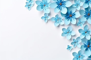 Romantic white background with space for text or image blue paper flowers on the right - obrazy, fototapety, plakaty