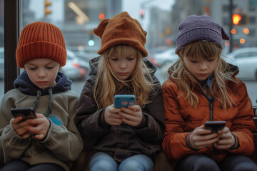 Young kids absorbed with mobile phones. Concept of dependence on technology, children hooked on mobile, smartphone addiction, addicted to screens or devices and excessive phone use