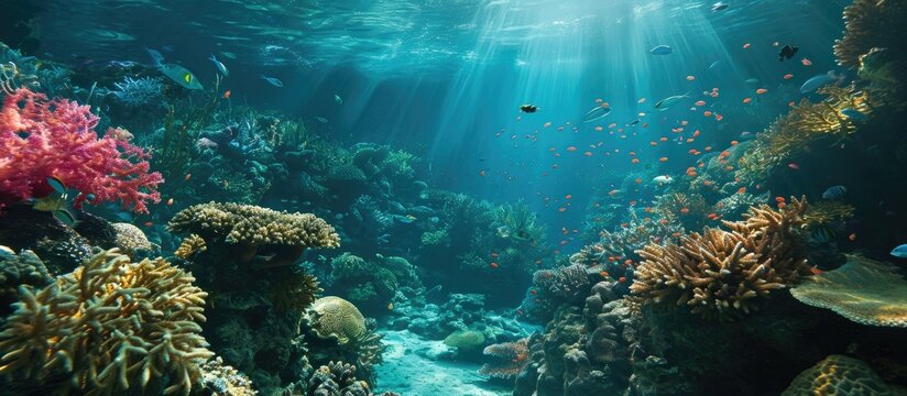 Beautifiul underwater view with tropical fish and coral reefs. Copy space image. Place for adding text or design