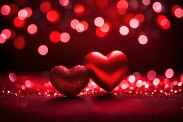 Two glittered red hearts in front of red glittery bokeh background
