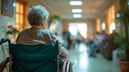 Elderly sitting in wheelchair indoors, Care and Volunteer in a Disability Nursing Home Concept - obrazy, fototapety, plakaty