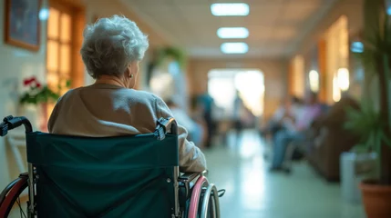 Fotobehang Elderly sitting in wheelchair indoors, Care and Volunteer in a Disability Nursing Home Concept © CraftyImago