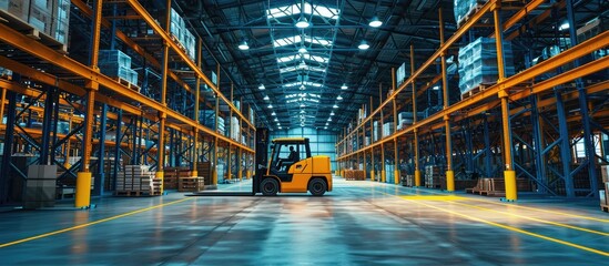 A large distribution warehouse with yellow forklift orange beams and blue racks. Copy space image....