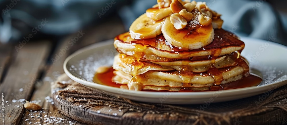Poster banana cashew pancakes with bananas and salted caramel sauce the toning selective focus. Copy space image. Place for adding text or design