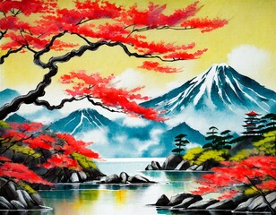 Japanese Landscape with Mountain and River