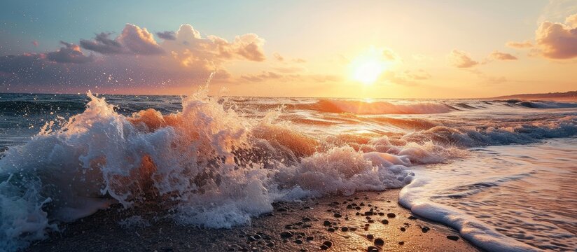 Beach sunset Beautiful panoramic landscape colorful golden sunset over calm sea with waves splashing softly on sandy beach Amazing sunset landscape summer nature peaceful nature. Copy space image