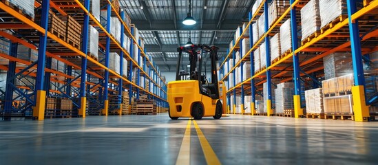 A large distribution warehouse with yellow forklift orange beams and blue racks. Copy space image. Place for adding text or design
