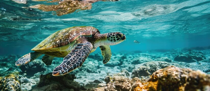 A green sea turtle swimming in shallow water in the underwater observatory park in Eilat Israel. Copy space image. Place for adding text or design