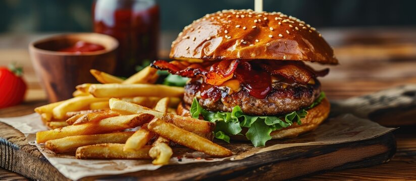 A delicious pub style bacon cheeseburger with barbecue sauce and french fries. Copy space image. Place for adding text or design