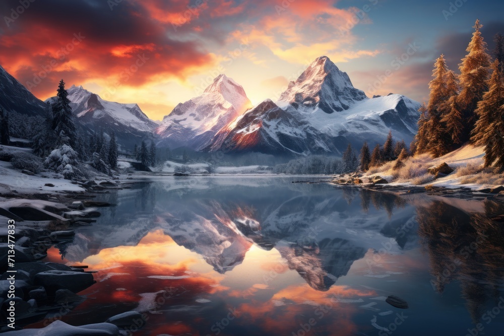 Poster a painting of a mountain range with a lake in the foreground and trees in the foreground and a sunse
