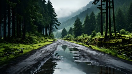 a road on a soggy spring day amid a hazy forest