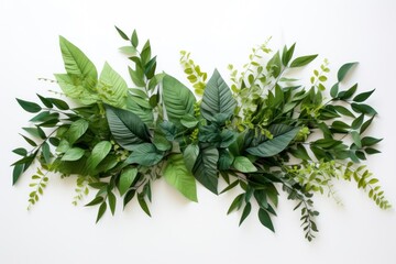  a bunch of green leaves laying on top of each other on top of a white table next to a white wall.