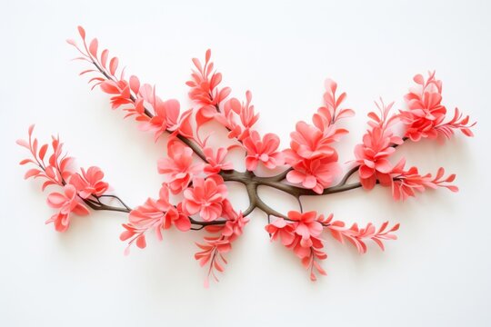  a branch of pink flowers with leaves on a white background with space for a text or an image to put on a card.