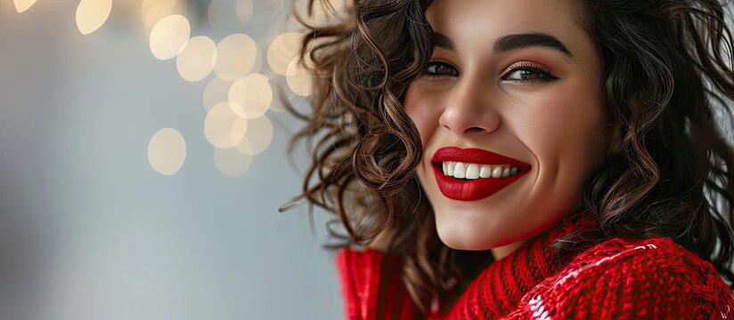 Beautiful young pretty woman with a bright evening make up of shiny red lipstick on the lips brunette curly hair festive mood knitted red sweater winter Christmas New Year and birthday gift sur
