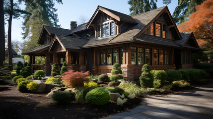Fototapeta na wymiar Beautiful, custom-built craftsman-style home with car garage and stunning wood doors. The garden is adorned with vibrant spring foliage, creating a picturesque landscape with projected sunlight